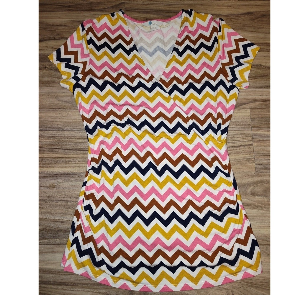 Boden Womens‎ Chevron Zigzag Faux Wrap V-Neck Top Pink Yellow Blue Size US 8